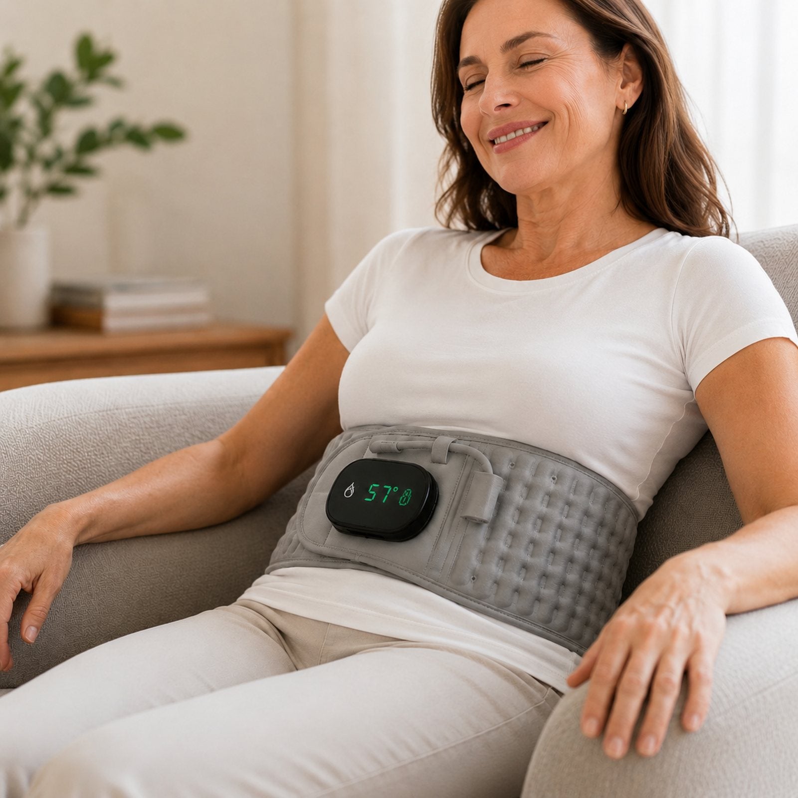 Woman relaxing on her couch wearing the Back Bliss heated decompression belt